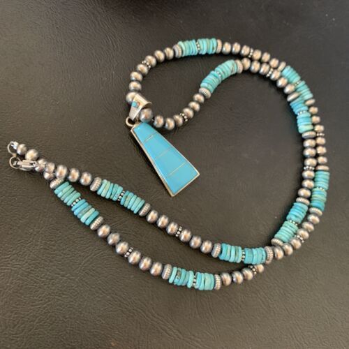 Blue Turquoise Inlay Pendant Navajo Pearls Sterling Silver Necklace 12613