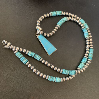 Blue Turquoise Inlay Pendant Navajo Pearls Sterling Silver Necklace 12613