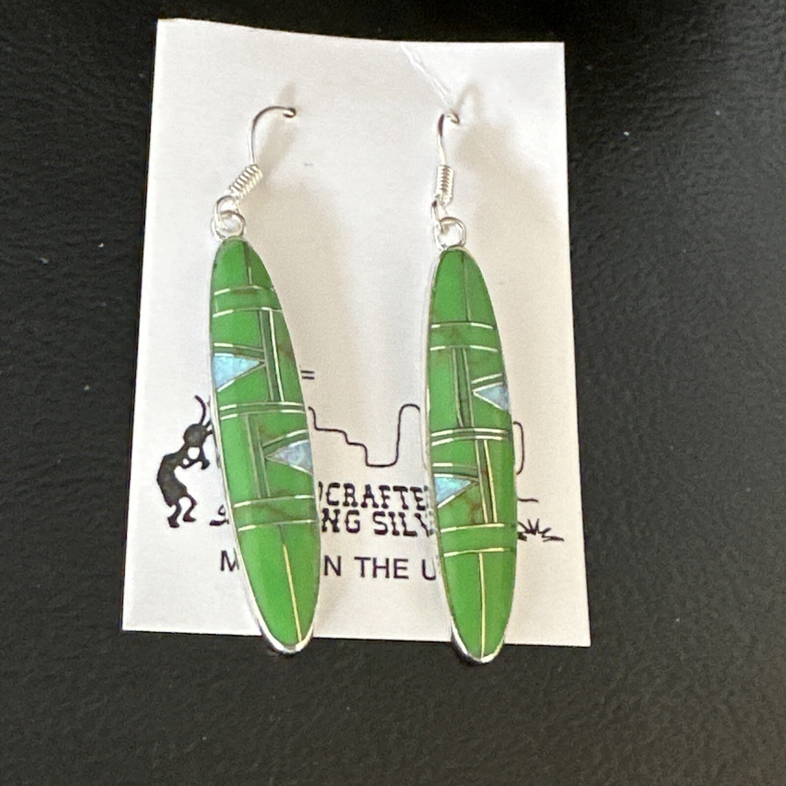 Green Gaspiete Southwestern Sterling Silver Inlay Earrings 1.5” 14933