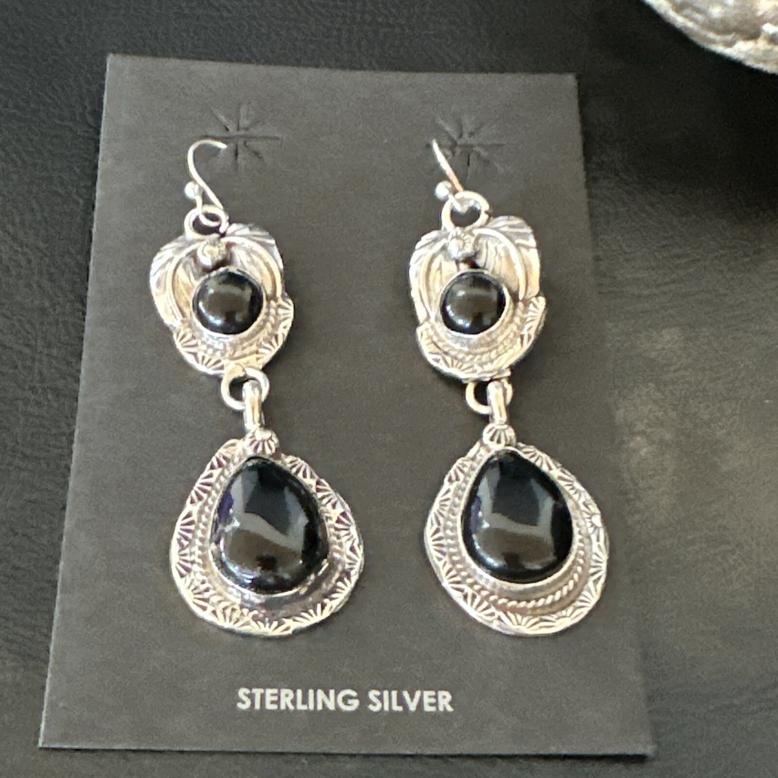 Black Onyx Navajo Sterling Silver Dangle Earrings 1.5" 18289
