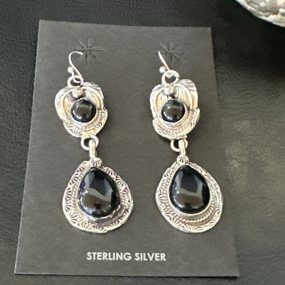 Black Onyx Navajo Sterling Silver Dangle Earrings 1.5" 18289