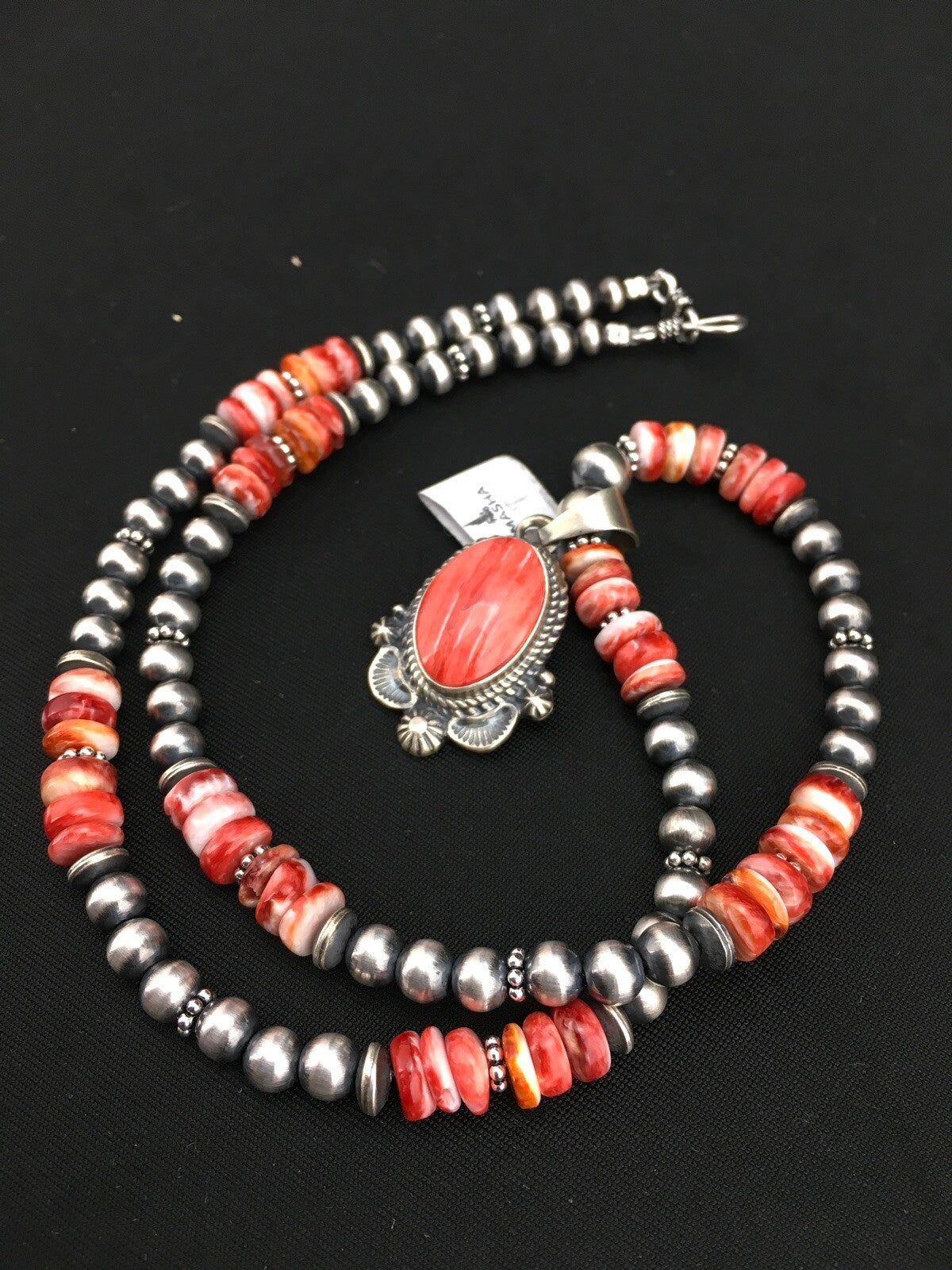 Red Spiny Oyster Pendant Navajo Pearls Sterling Silver Necklace 2685