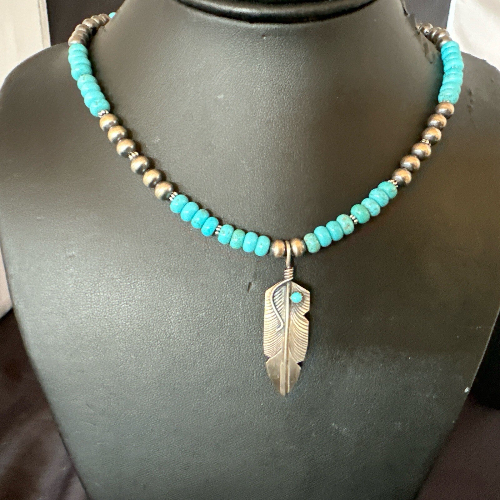 Mens Feather Turquoise Pendant Navajo Sterling Silver Necklace 18060
