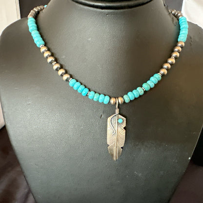 Mens Feather Turquoise Pendant Navajo Sterling Silver Necklace 18060