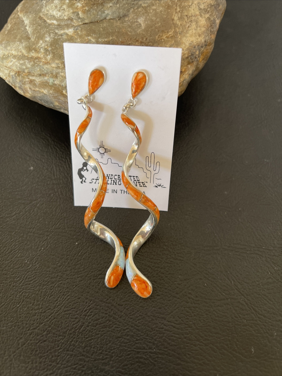 Spiny Oyster & Opal Inlay Snake Swirl Navajo Sterling Earrings 3.25" 01547