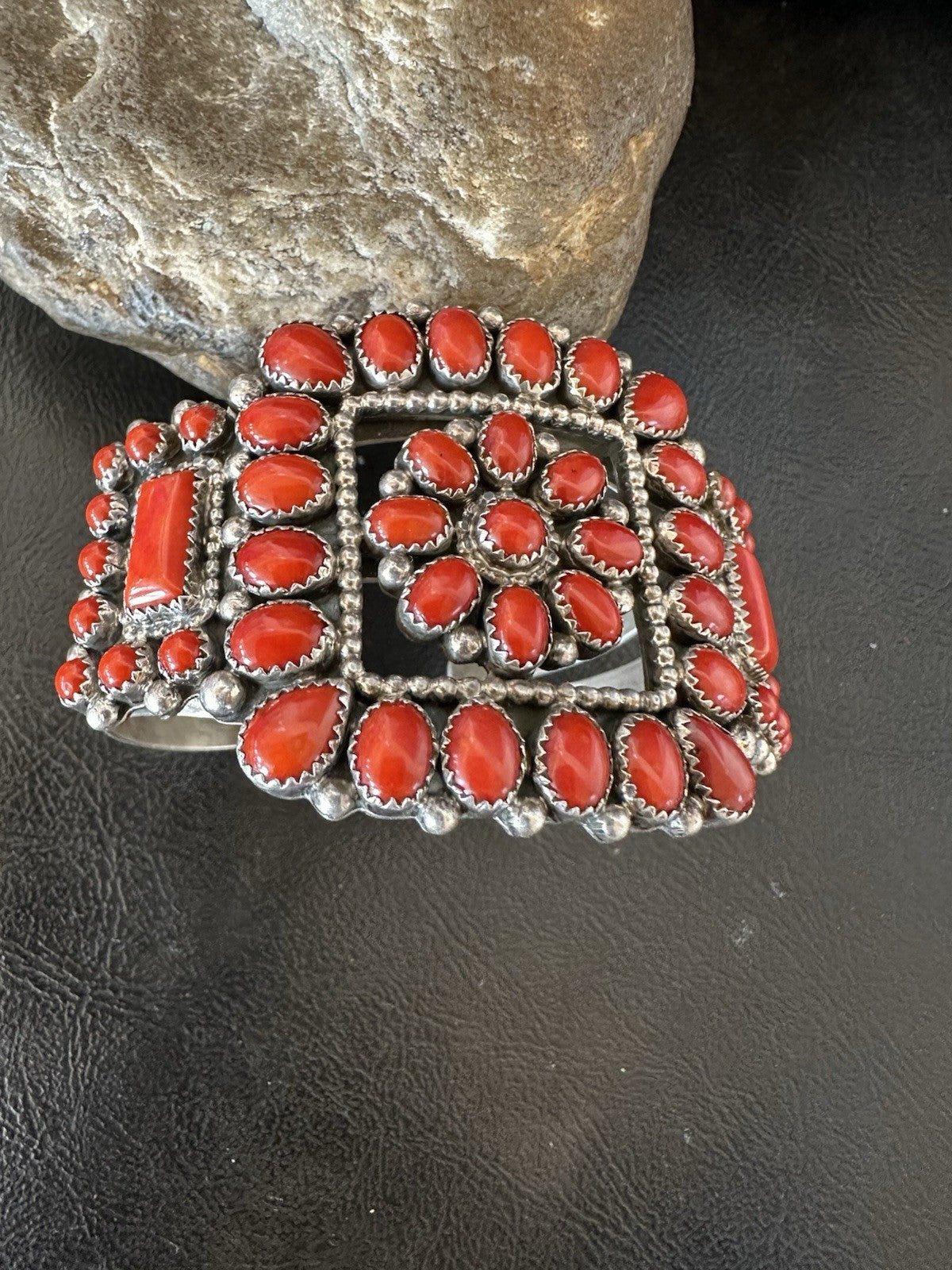 Mens Womens Red Coral Navajo Sterling Silver Cluster Cuff Bracelet 7.25" 19426