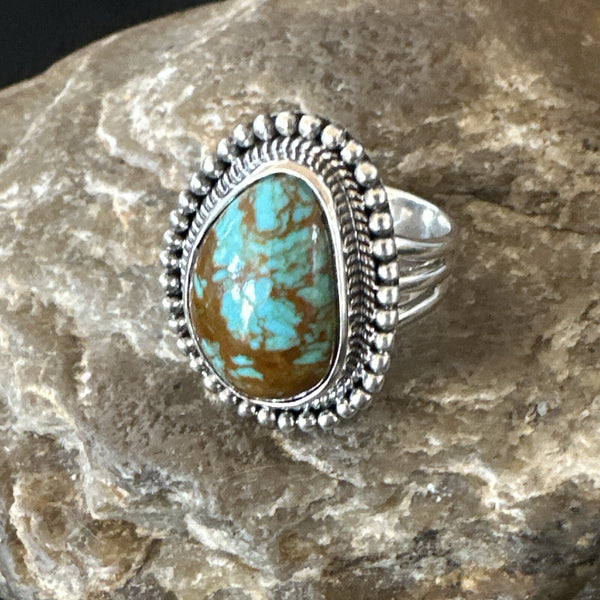 Blue Turquoise #8 Navajo Ring Size 8 | Sterling Silver | Authentic Native American Handmade | 18828