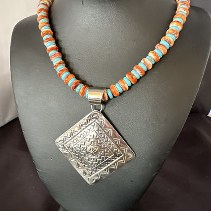 Orange Spiny Oyster Turquoise Navajo  Pendant Sterling Silver Necklace 21” 19043