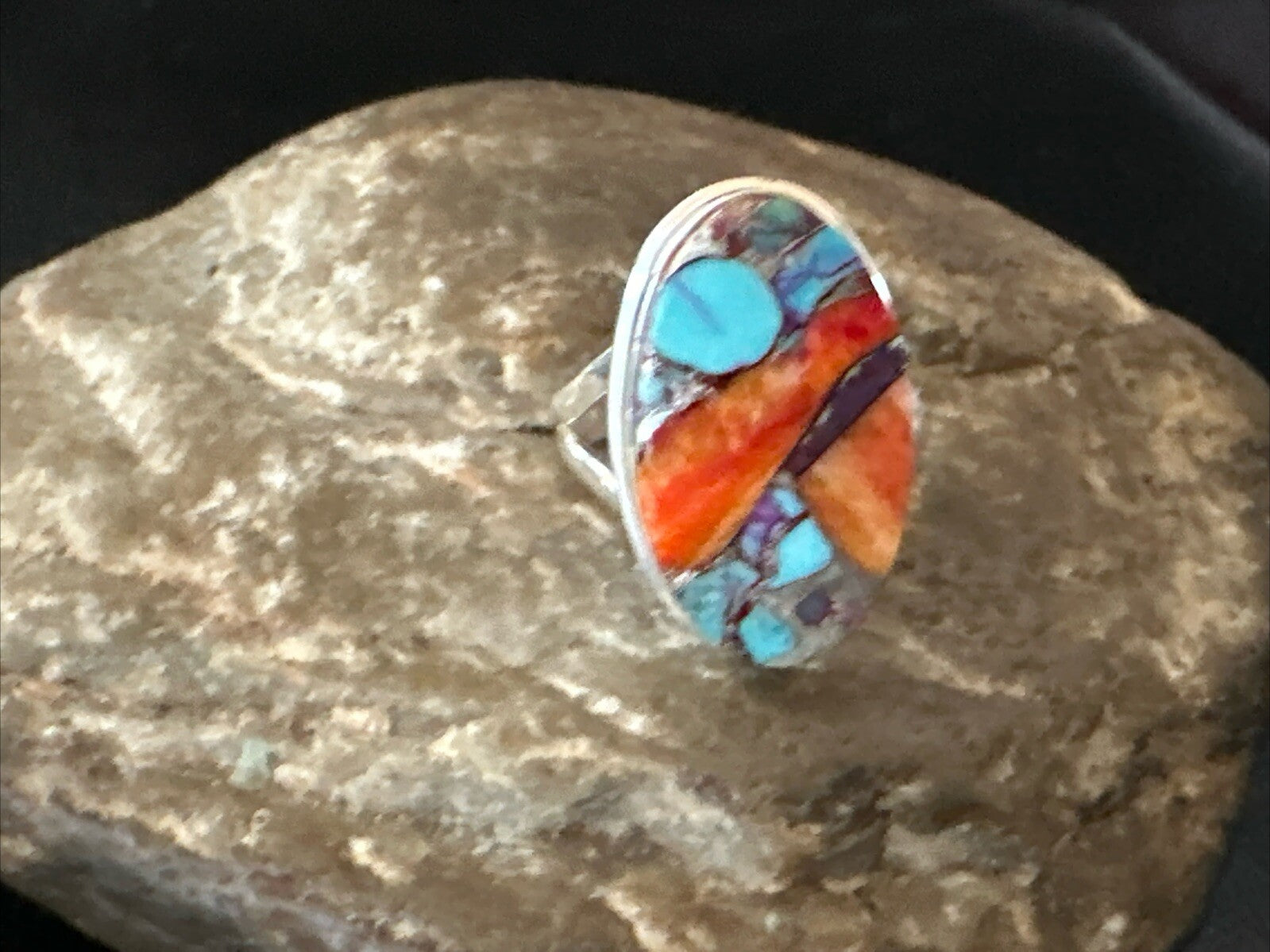 Blue Turquoise Spiny Oyster Southwestern Sterling Silver Ring Size 8 18436