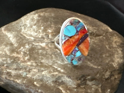 Blue Turquoise Spiny Oyster Southwestern Sterling Silver Ring Size 8 18436