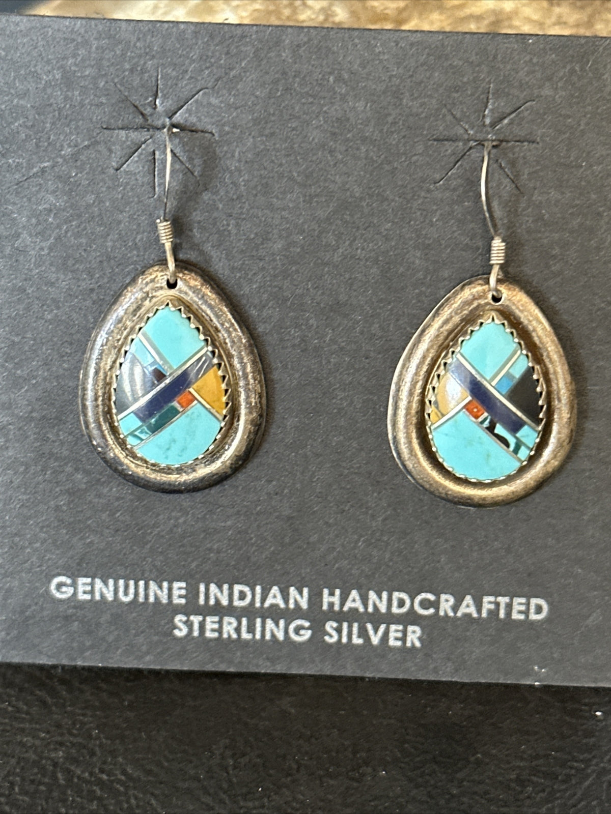 MultiColor Navajo Turquoise Spiny Oyster Inlay Sterling Silver Earrings 1" 14764
