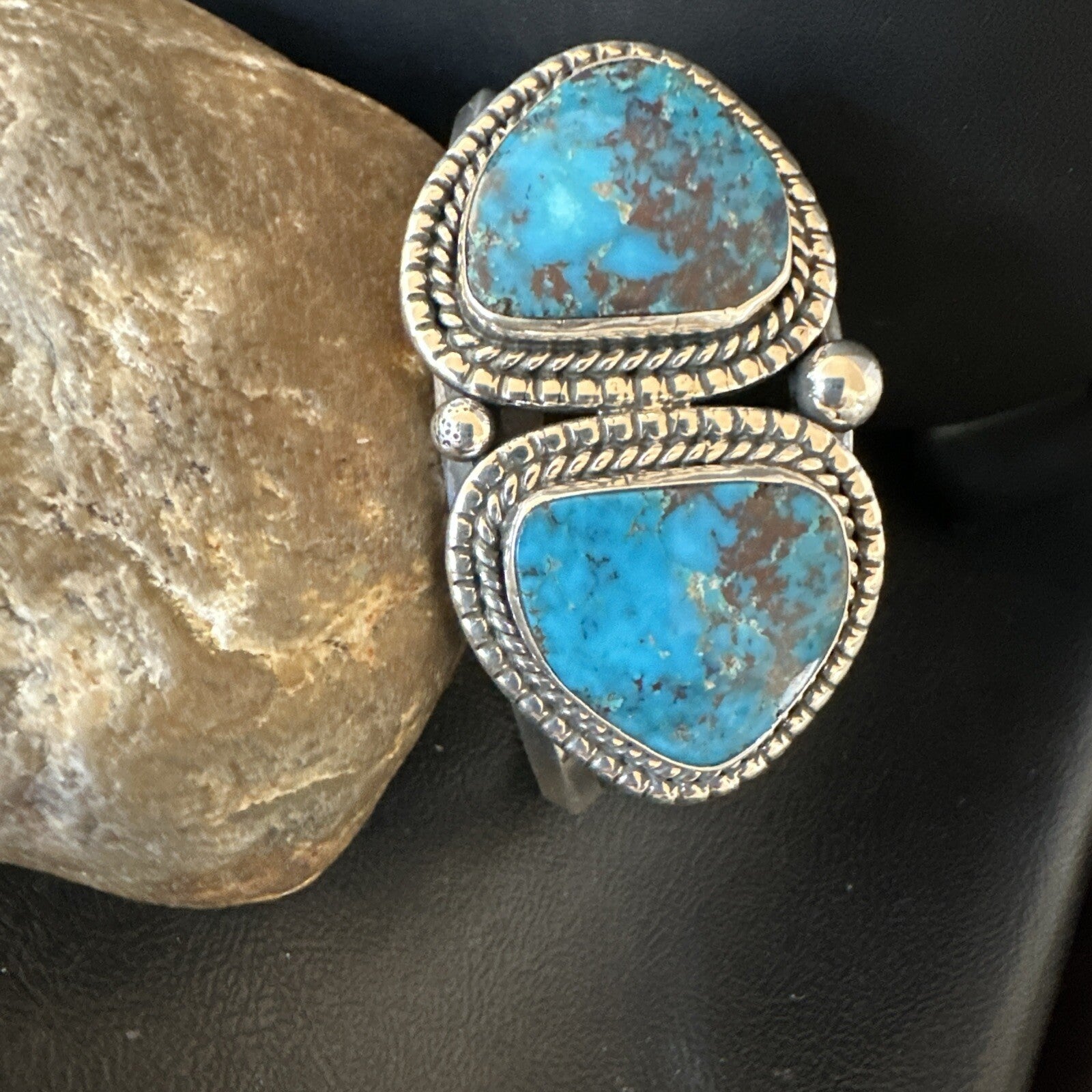 Navajo Blue TURQUOISE Stamped 2 Stone Sterling Silver Cuff Bracelet 8.25" 18717