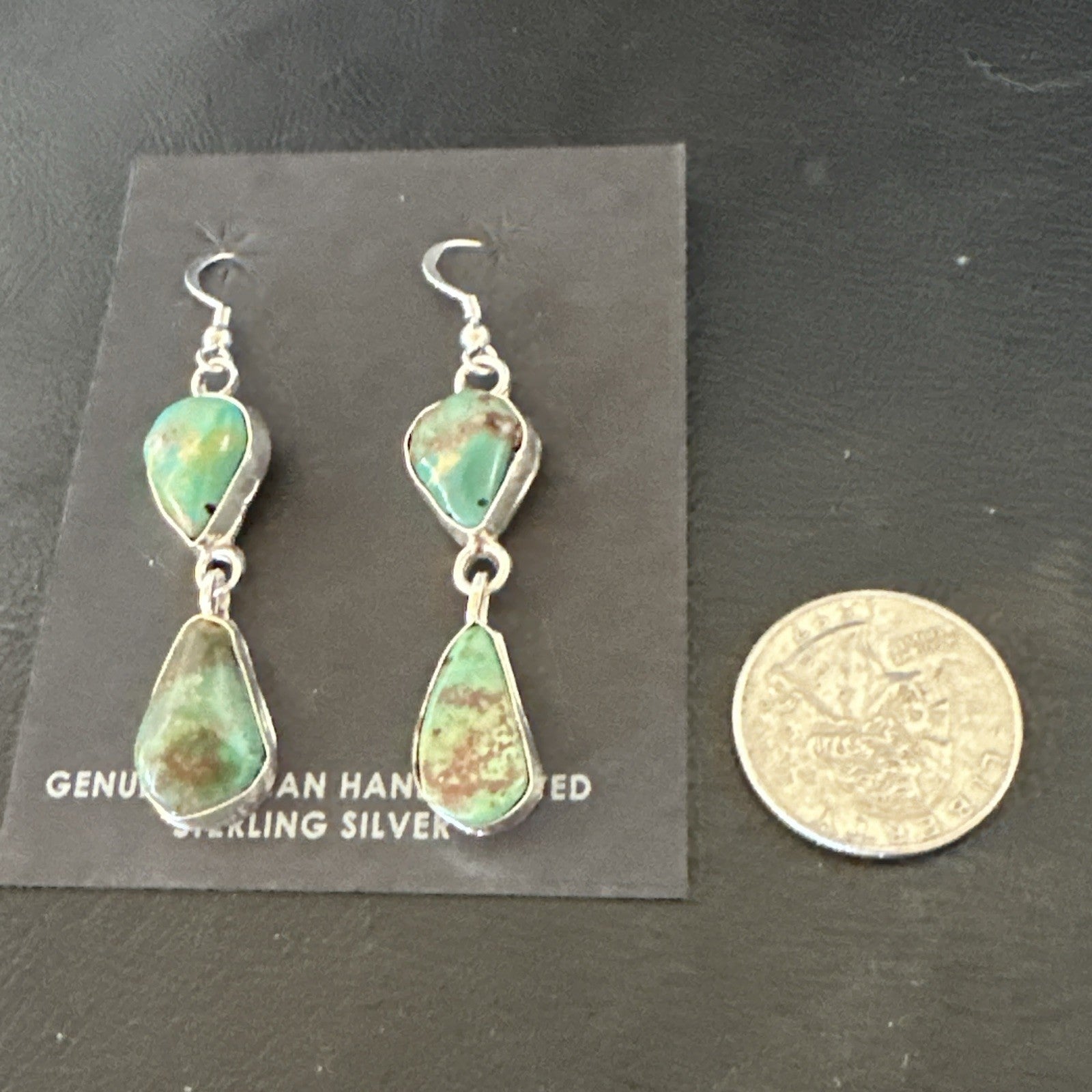 Green Royston Turquoise Navajo Sterling Silver Dangle Earrings 19415