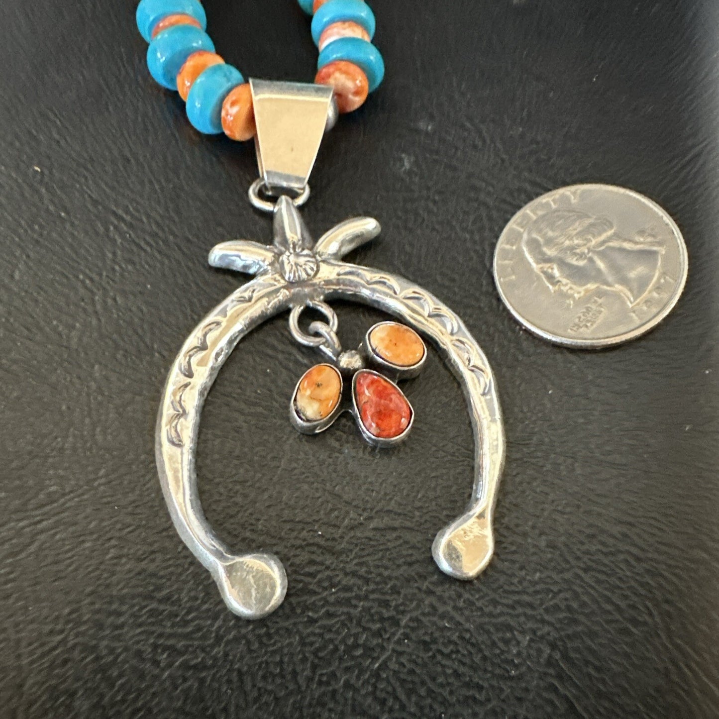 Mens Blue Turquoise Spiny Naja Pendant Navajo Sterling Silver Necklace 23" 17691
