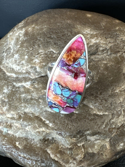 Blue Turquoise Orange Spiny Oyster Navajo Sterling Silver Ring Size 5.5 18210