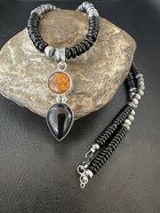 Men's Women's Black Onyx Amber Pendant Navajo Necklace | Sterling Silver | Authentic Native American Handmade | 18335