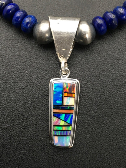 NAVAJO Sterling Silver Necklace Lapis Opal Pendant Set 22" 2907