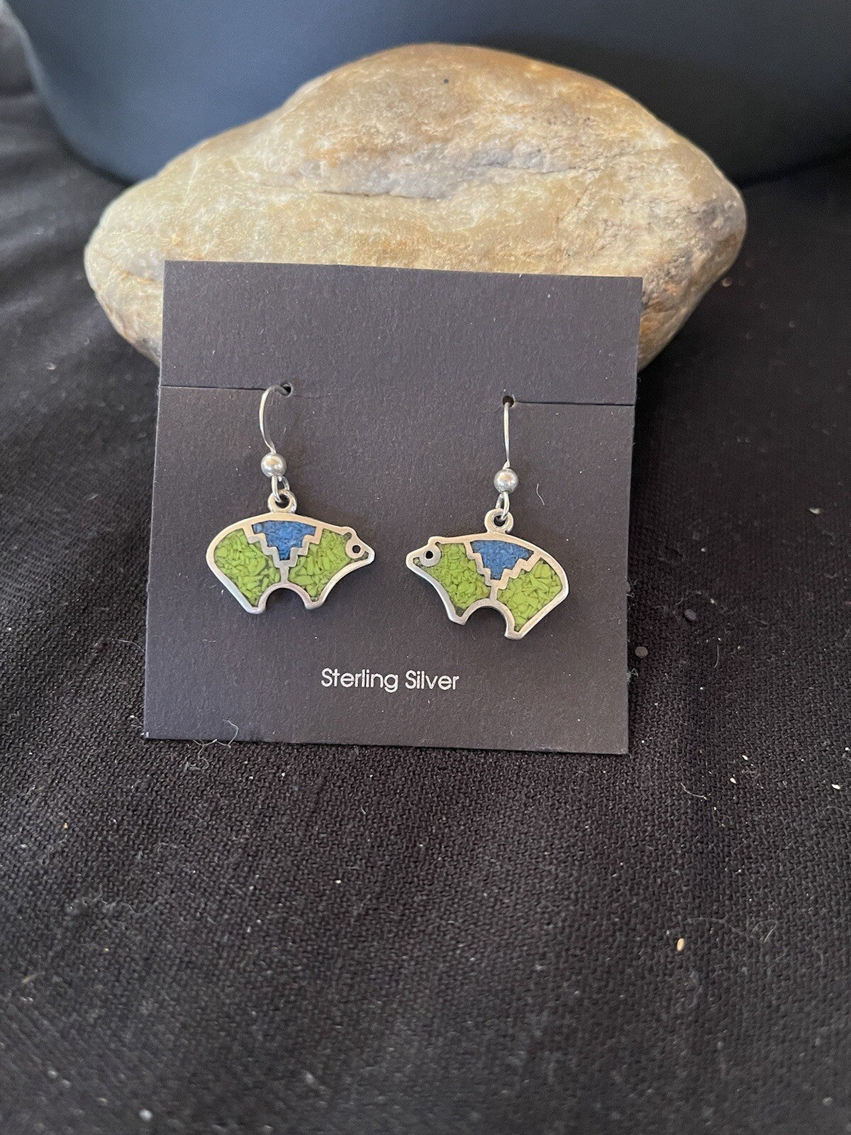 Blue Lapis & Green Turquoise Sterling Silver Bear Inlay Earrings 0.25" 01509