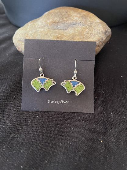 Blue Lapis & Green Turquoise Sterling Silver Bear Inlay Earrings 0.25" 01509