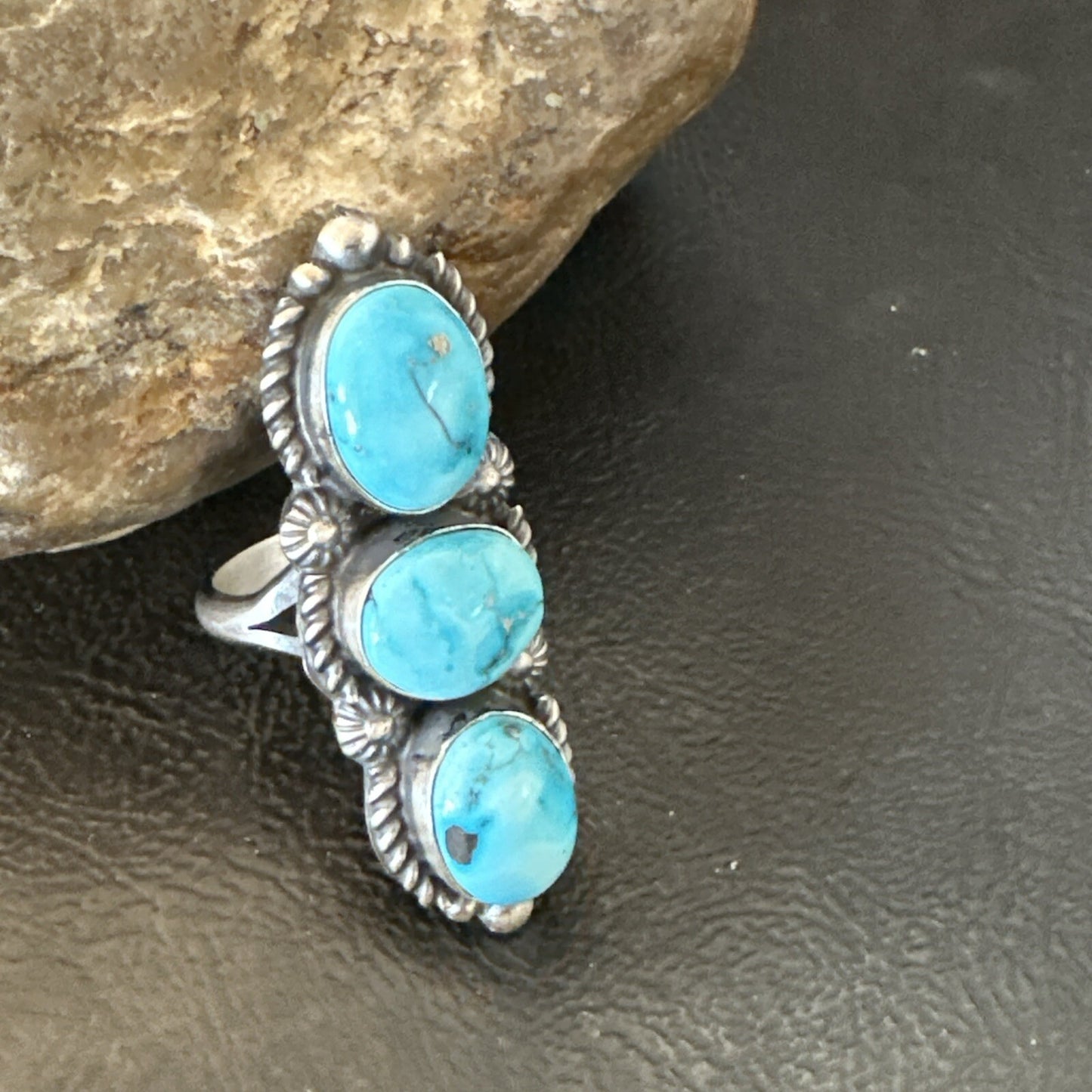 Navajo Sterling Silver Cluster Blue Turquoise 3 Stone Ring Sz 8 18597