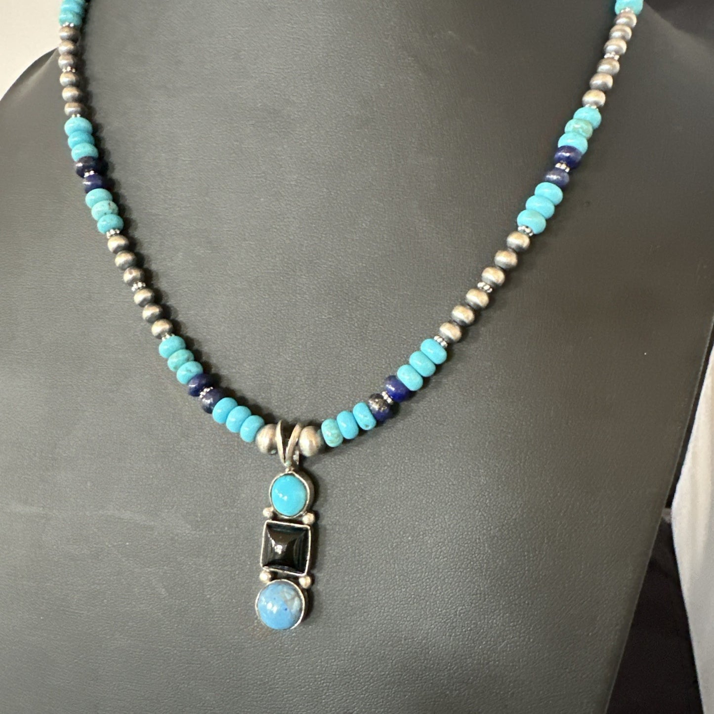 Blue Turquoise Lapis Onyx Pendant Navajo Sterling Silver Necklace 19550
