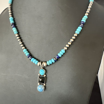 Blue Turquoise Lapis Onyx Pendant Navajo Sterling Silver Necklace 19550