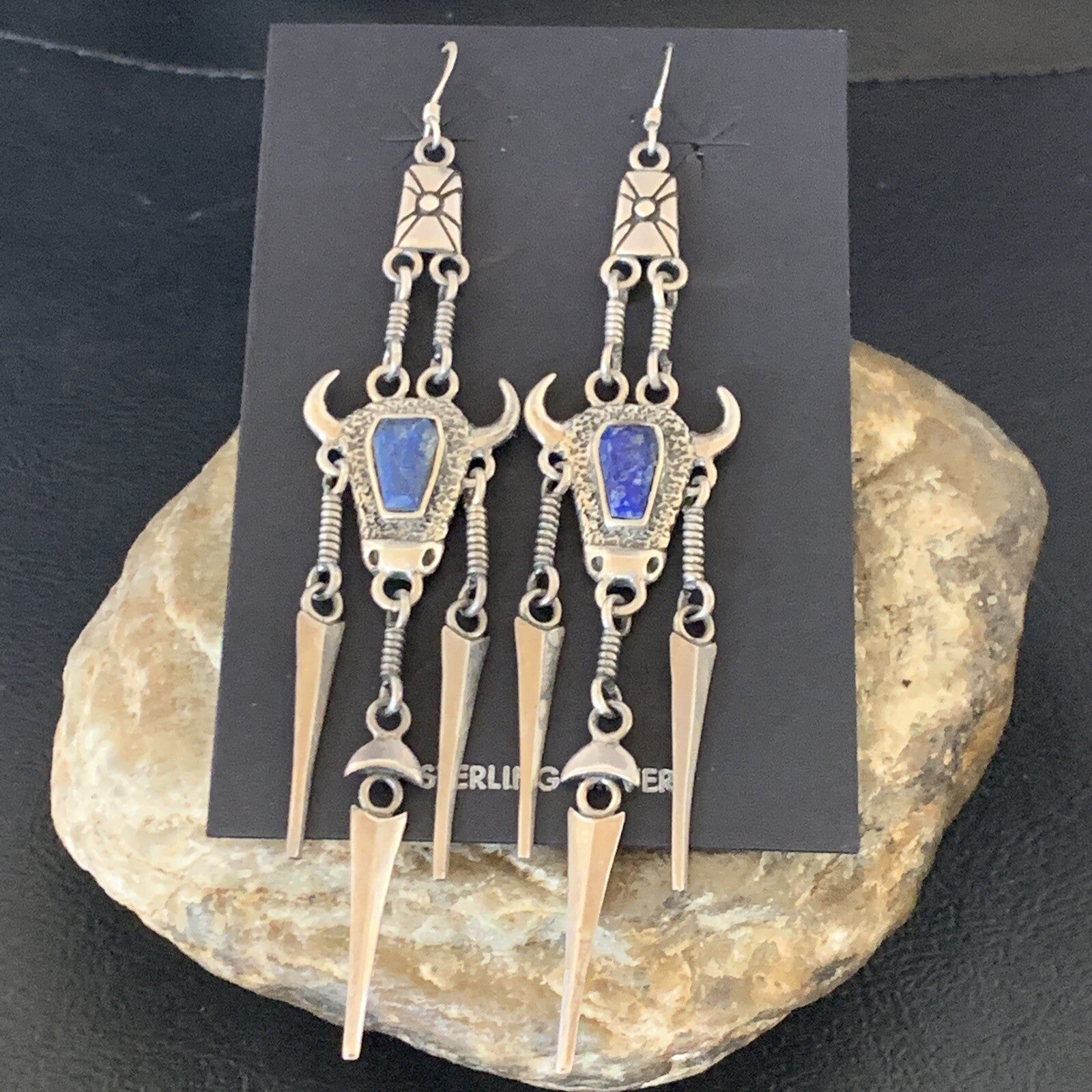 Denim Blue Lapis Lazuli Inlay Navajo Sterling Silver Dangle Earrings 04518