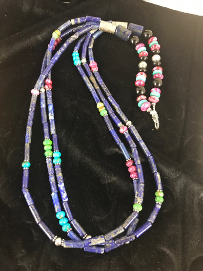 Denim Lapis Multi Strands Navajo Sterling Silver Necklace 22" 03342