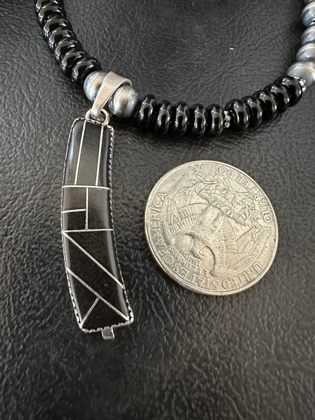 Mens Womens Black Onyx Pendant Navajo Sterling Silver Beads Necklace 18332