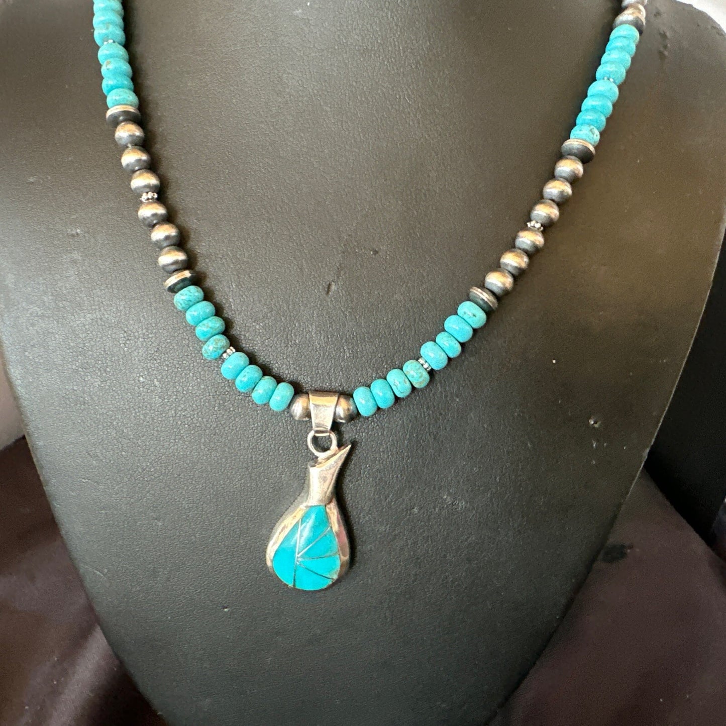 Pottery Blue Kingman Turquoise Pendant Navajo Sterling Silver Necklace 21" 18378