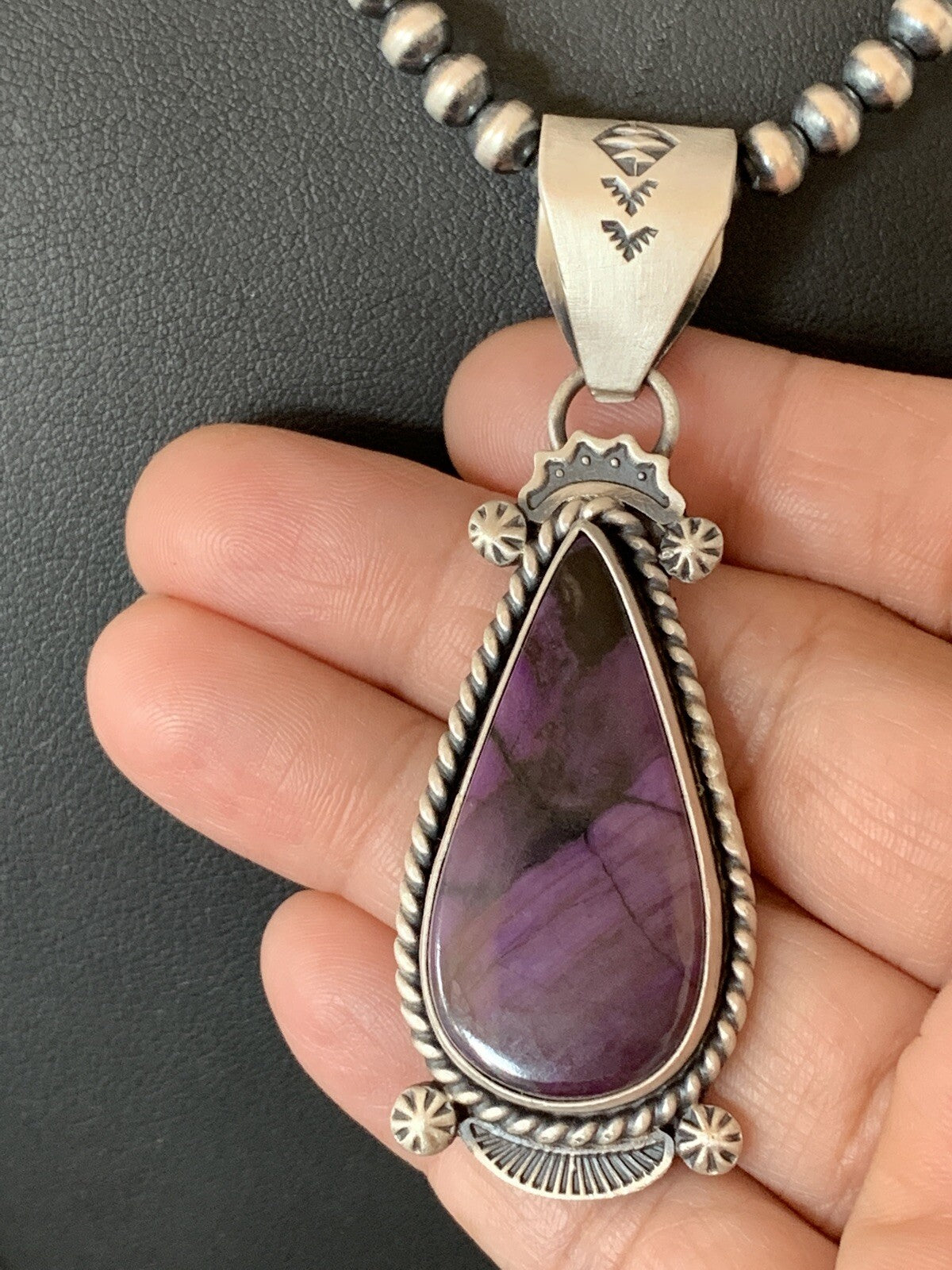 Purple Stone Pendant Navajo Pearls Sterling Silver Necklace 04928