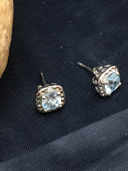 Native American Blue Topaz Studs Navajo Sterling Silver Earrings 08987