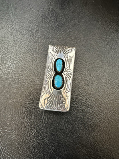 Mens Blue Turquoise Navajo Stainless Stamped Silver Money Clip 19366