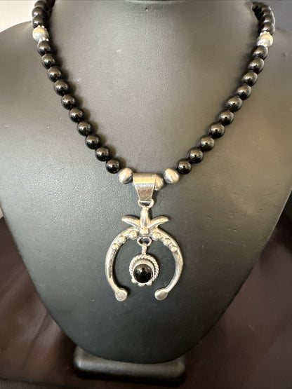 Mens Black Onyx Naja Pendant Navajo Pearls Sterling Silver Necklace 23” 17686