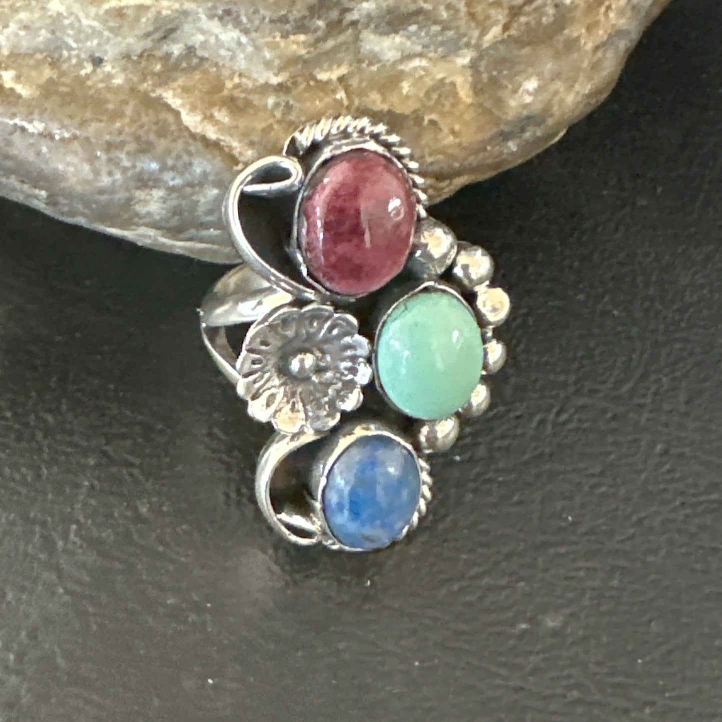 Multicolor Ring Turquoise Spiny Navajo Sterling Silver Cluster Size 8.5 19168