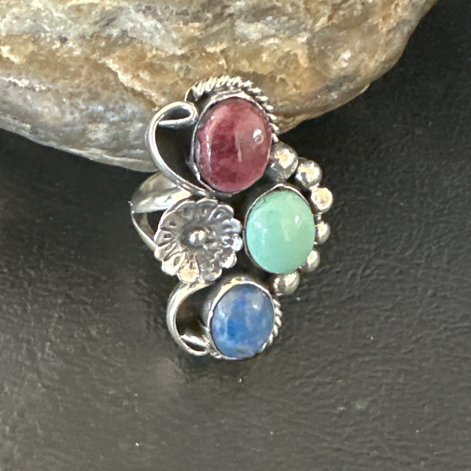 Multicolor Ring Turquoise Spiny Navajo Sterling Silver Cluster Size 8.5 19168