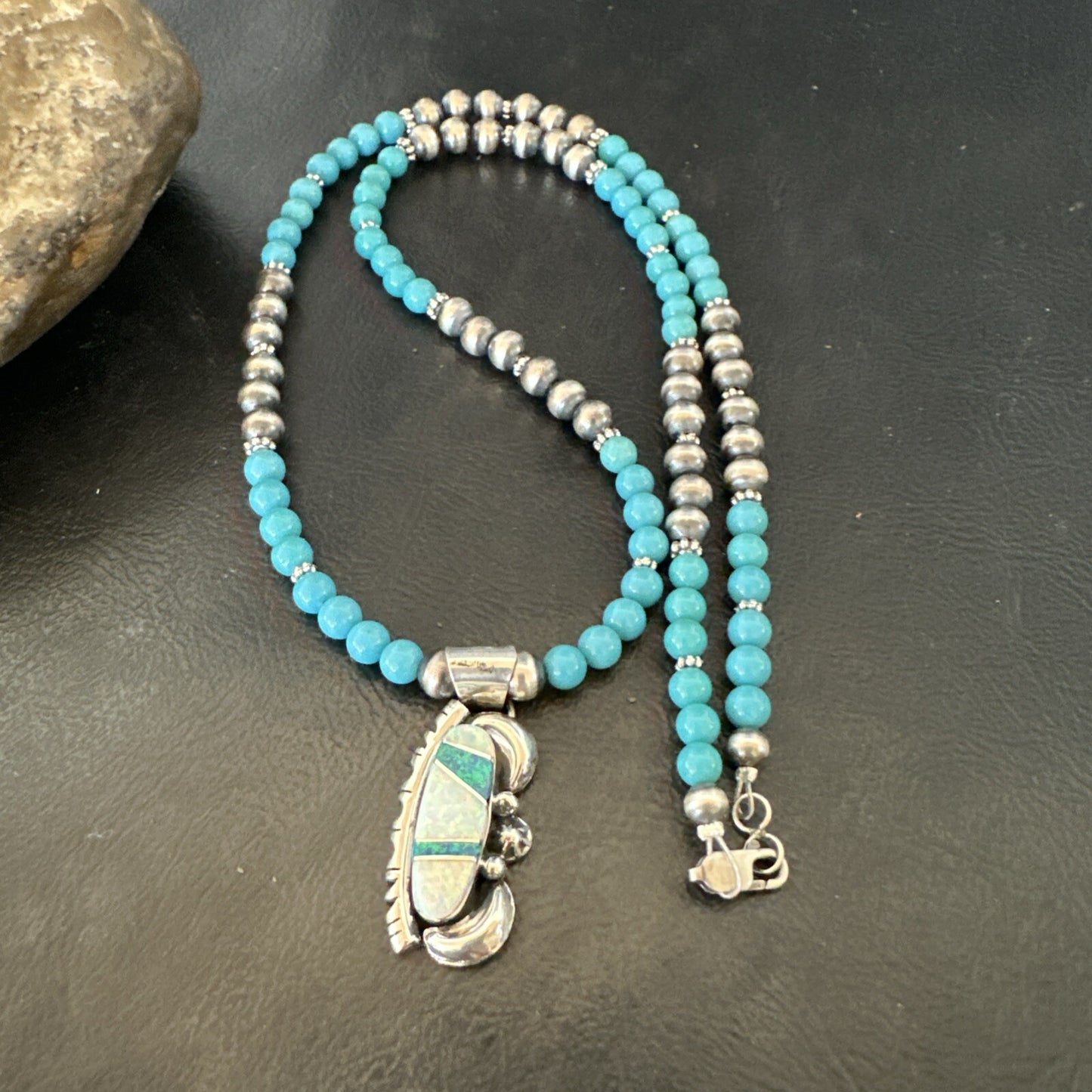 Blue Opal Pendant Turquoise Navajo Sterling Silver Necklace 23" 18735