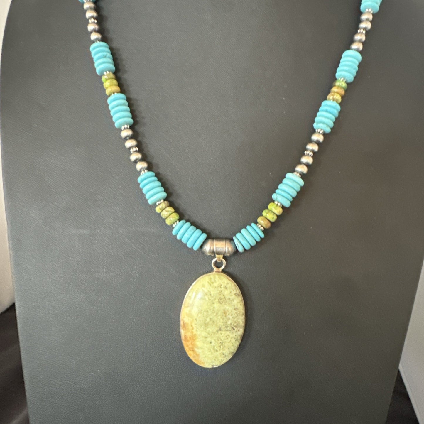 Green Gaspeite Pendant Blue Turquoise Navajo Sterling Silver Necklace 20" 19668