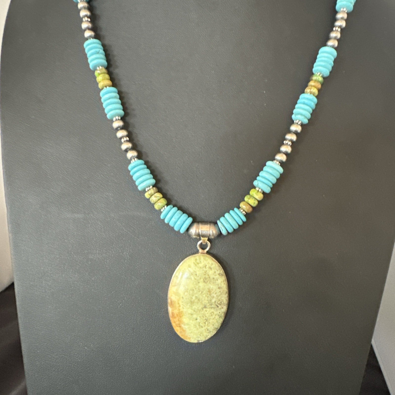 Green Gaspeite Pendant Blue Turquoise Navajo Sterling Silver Necklace 20" 19668