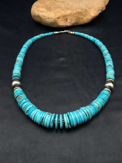 Turquoise Graduated Navajo Sterling Silver Necklace 18" 4046