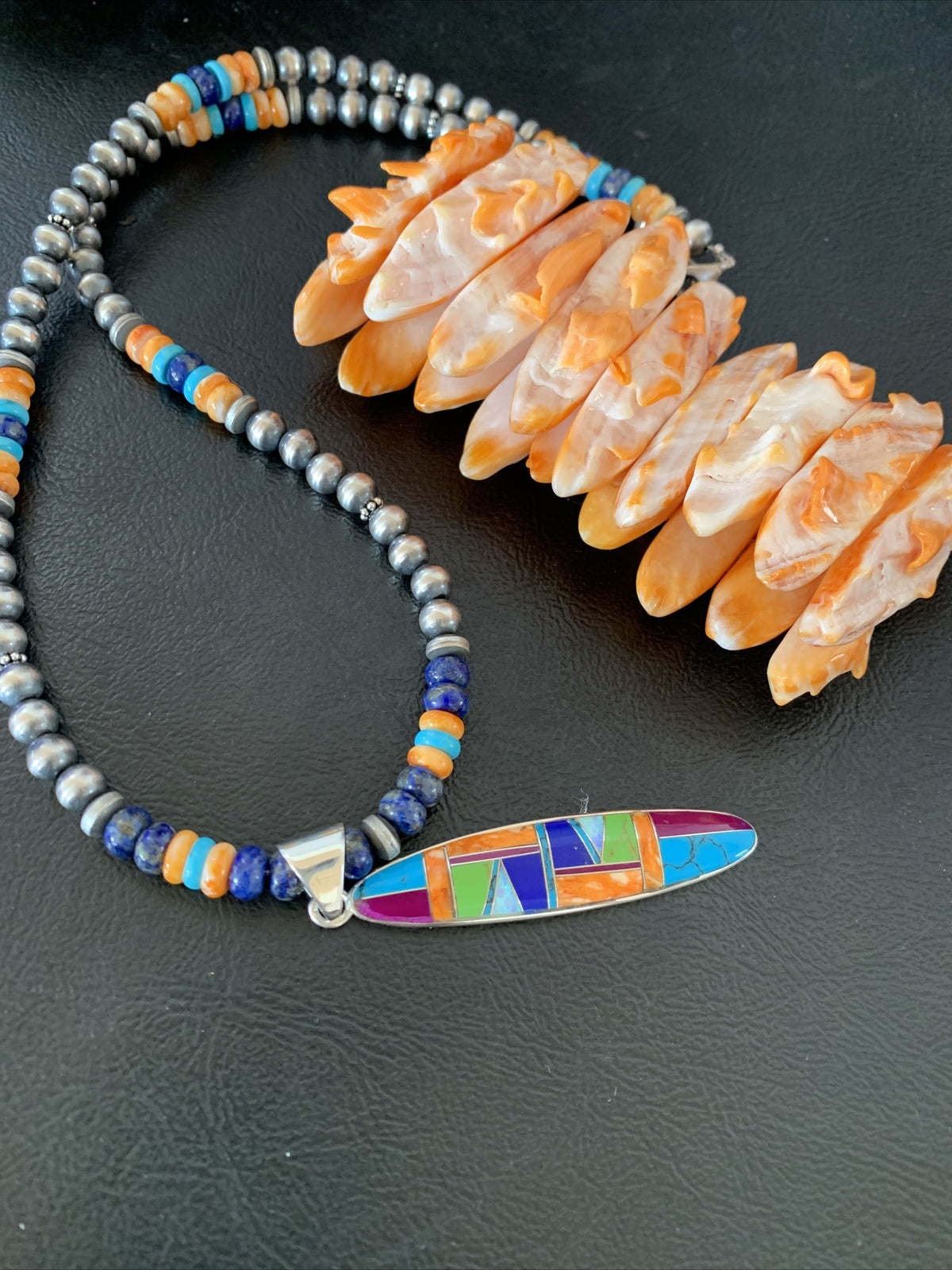 Turquoise & Spiny Oyster Inlay Pendant Navajo Sterling Silver Necklace 11637