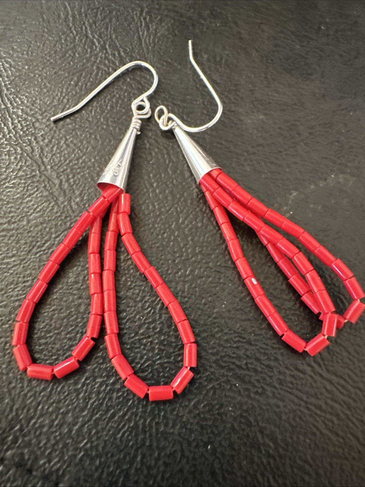 Native Red Coral Heishi Tube Liquid Sterling Silver Dangle Earrings 2" 4399