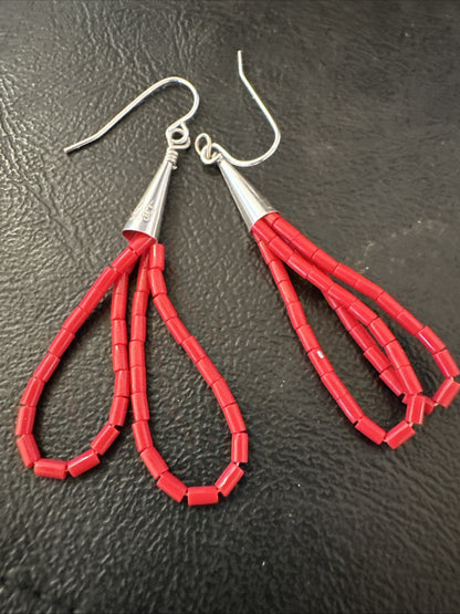 Native Red Coral Heishi Tube Liquid Sterling Silver Dangle Earrings 2" 4399