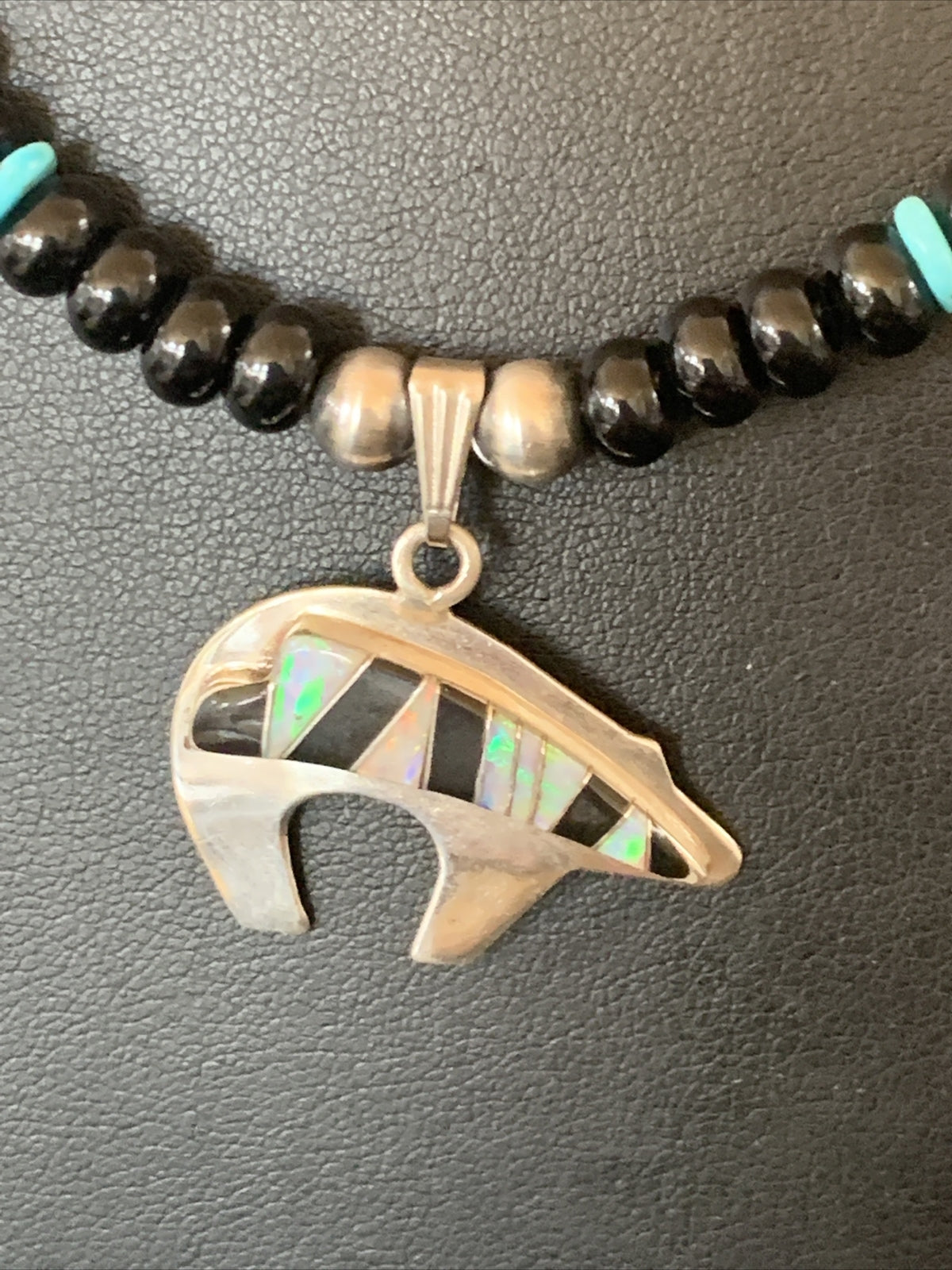 Turquoise Opal Inlay Pendant Black Onyx Navajo Sterling Silver Necklace 12698