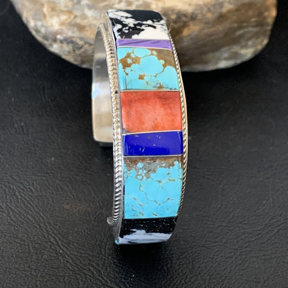 Mens White Turquoise Spiny & Lapis Navajo Sterling Silver Inlay Bracelet 12237