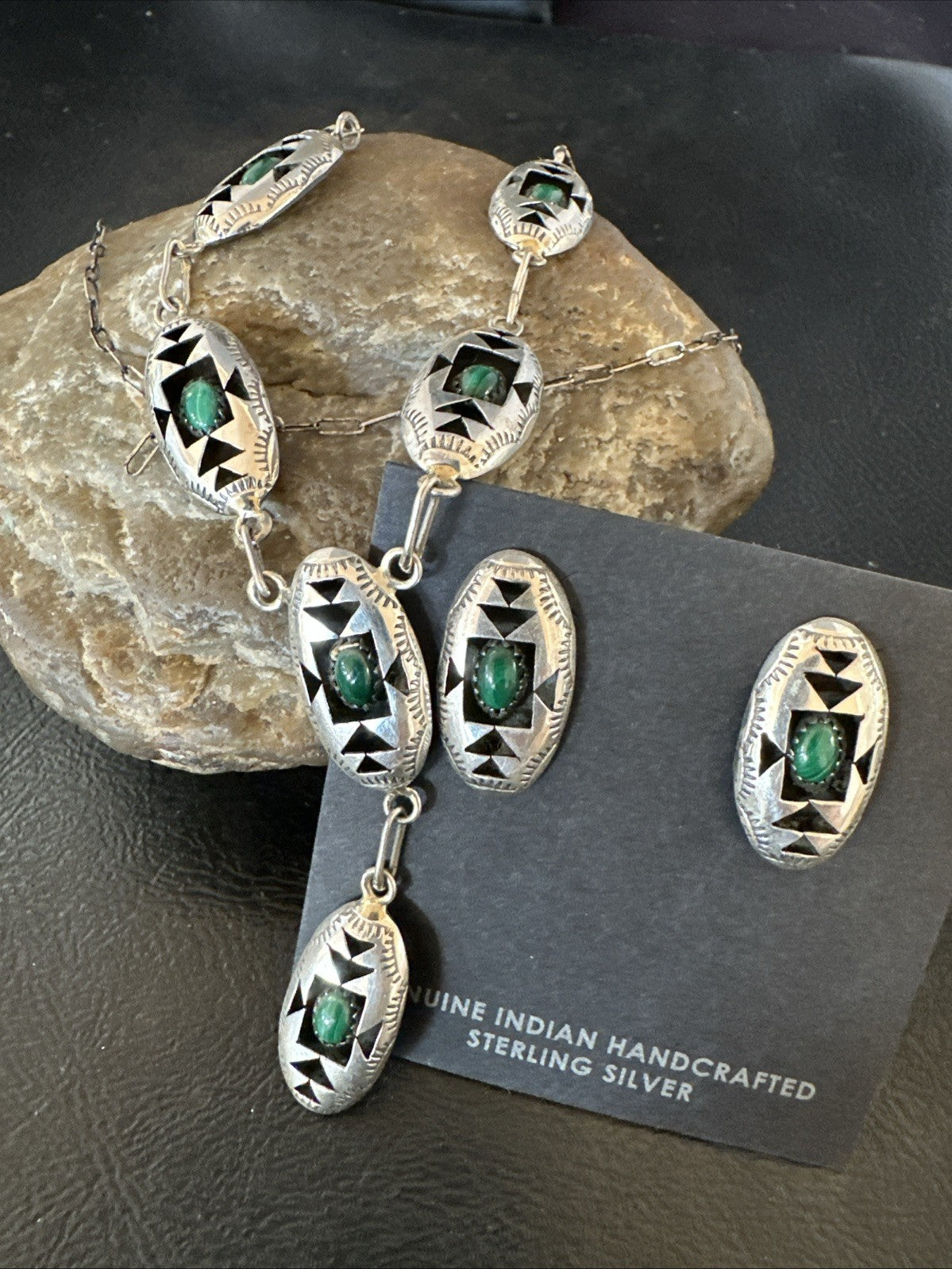Old Navajo Green Malachite Sterling Silver Shadowbox Necklace Earrings 18”19106