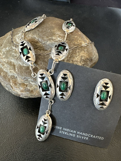 Old Navajo Green Malachite Sterling Silver Shadowbox Necklace Earrings 18”19106