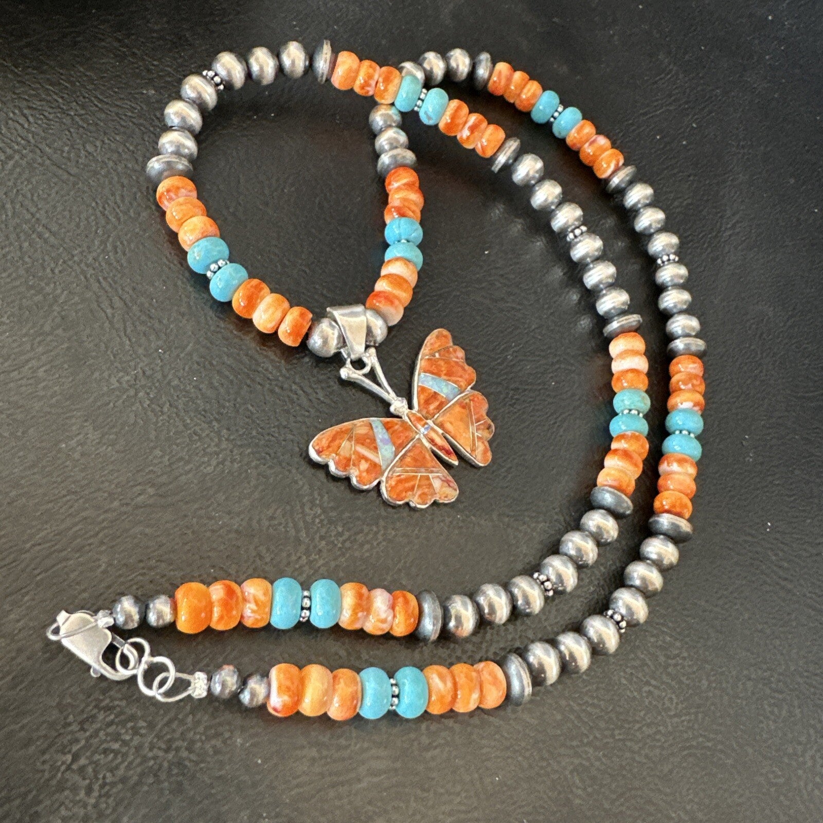 Butterfly Orange Spiny Turquoise Opal Sterling Silver  Necklace Pendant 18677