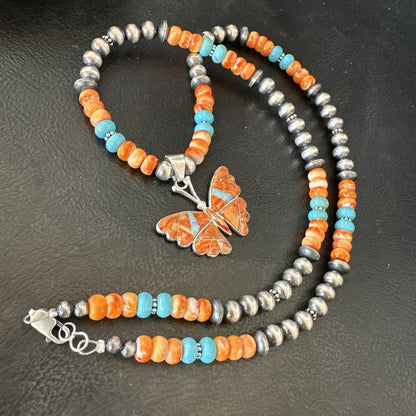Butterfly Orange Spiny Turquoise Opal Sterling Silver  Necklace Pendant 18677
