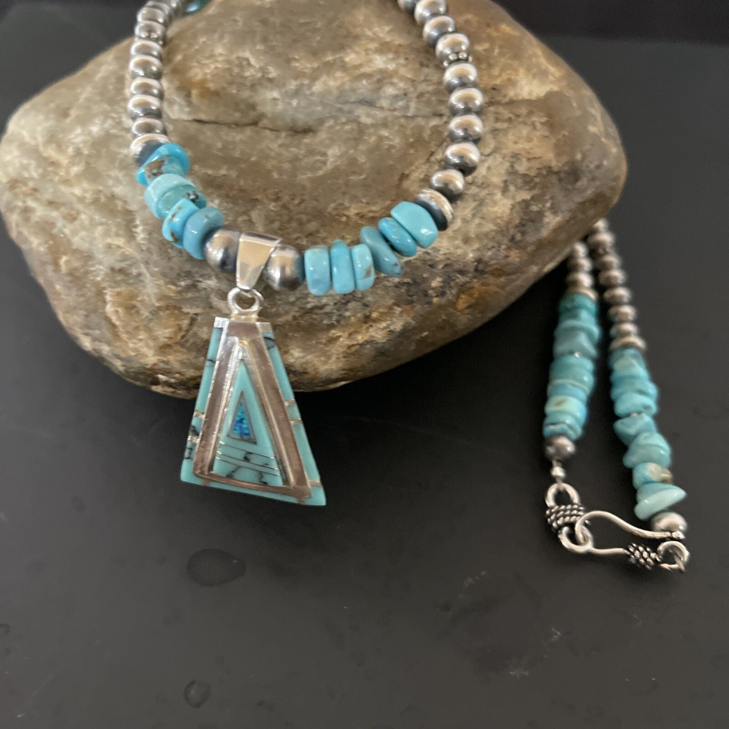 Turquoise & Opal Inlay Pendant Navajo Pearls Sterling Silver Necklace 11330